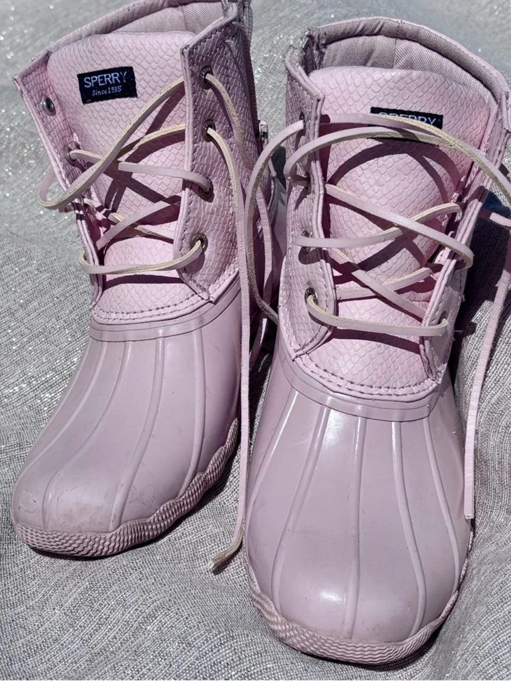 Sperry Duck Boots Girls Size 3 Pink Khaki Waterproof Lace Up Rain Boots